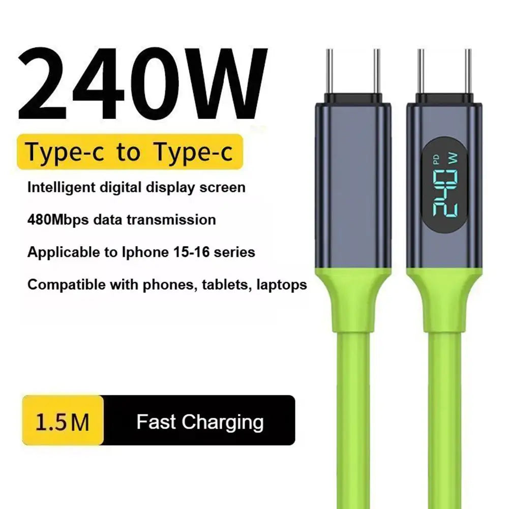 240W Type C to Type C Cable Phone Super Fast Charging Cable With LED Display USB To Type-C Data Cord For iPhone Xiaomi Samsung