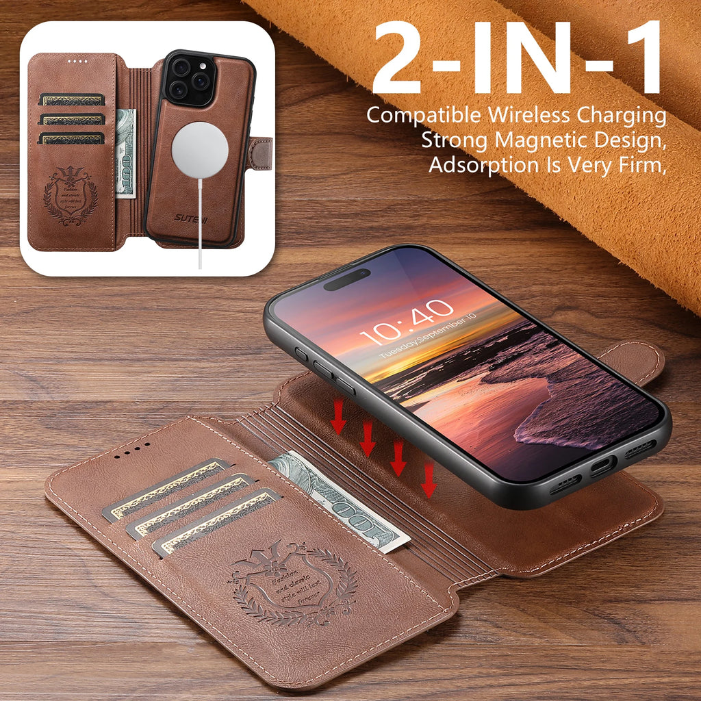 Capa Carteira em Pele PU com Carregamento Sem Fios para iPhone 17 16 15 14 13 12