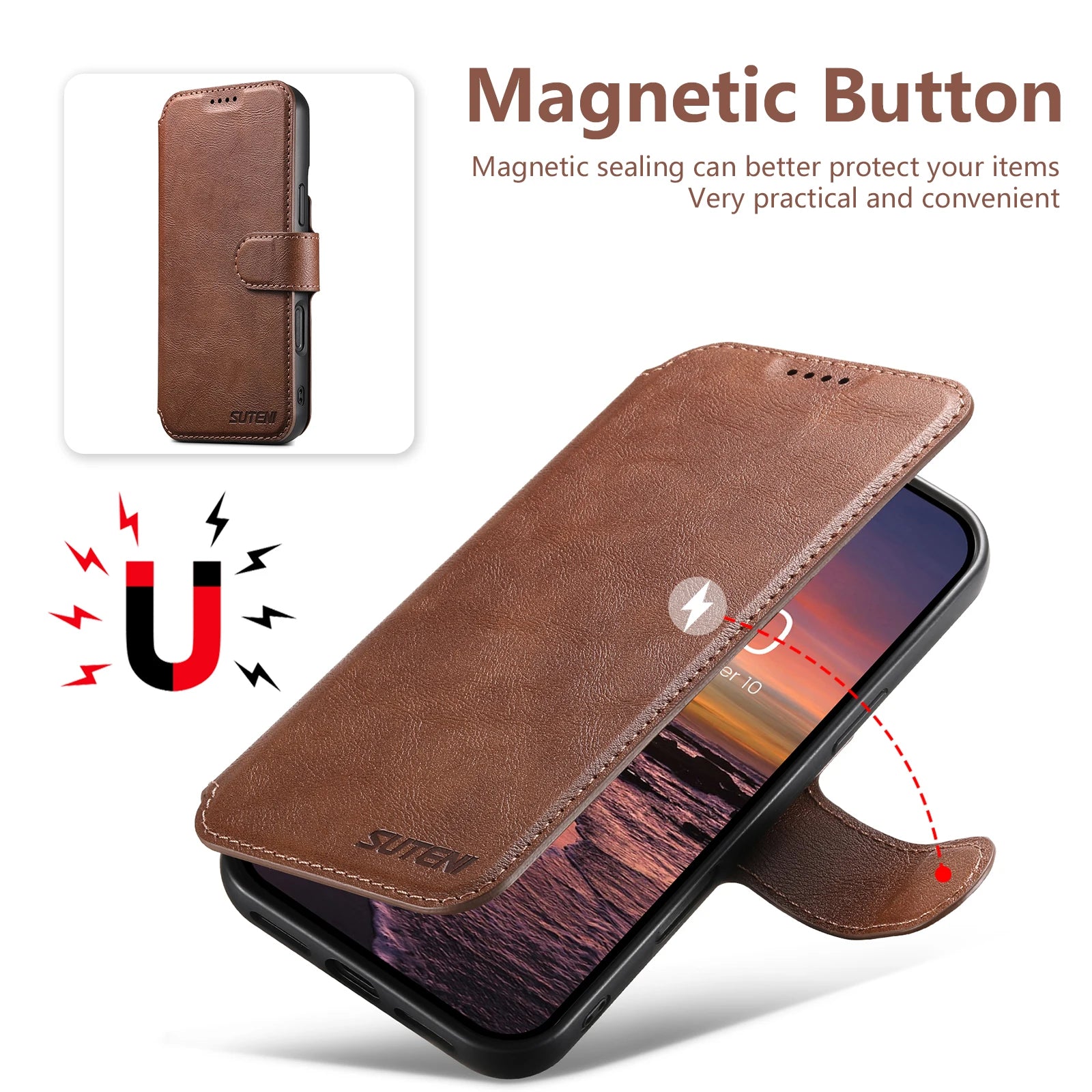 Capa Carteira em Pele PU com Carregamento Sem Fios para iPhone 17 16 15 14 13 12