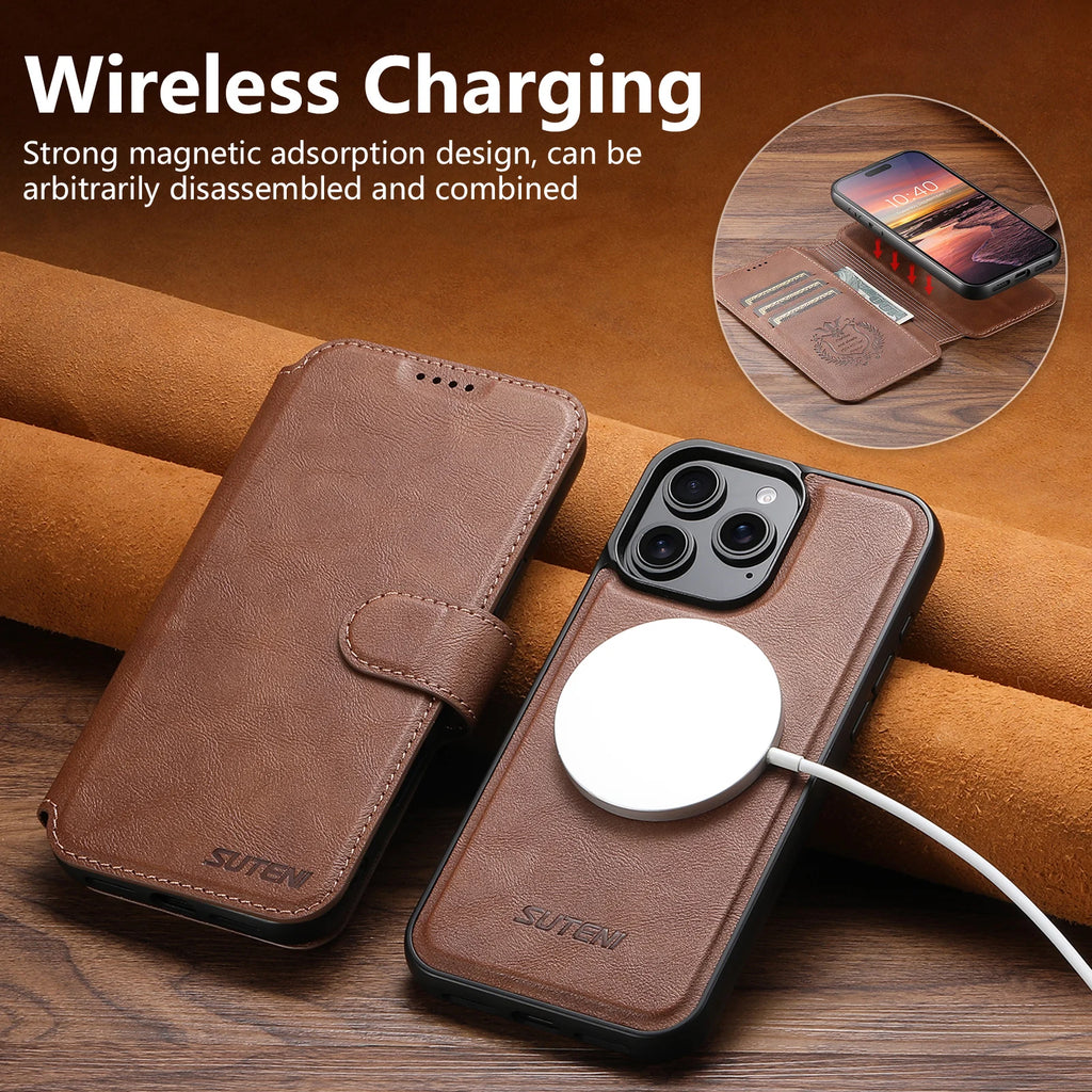 Capa Carteira em Pele PU com Carregamento Sem Fios para iPhone 17 16 15 14 13 12