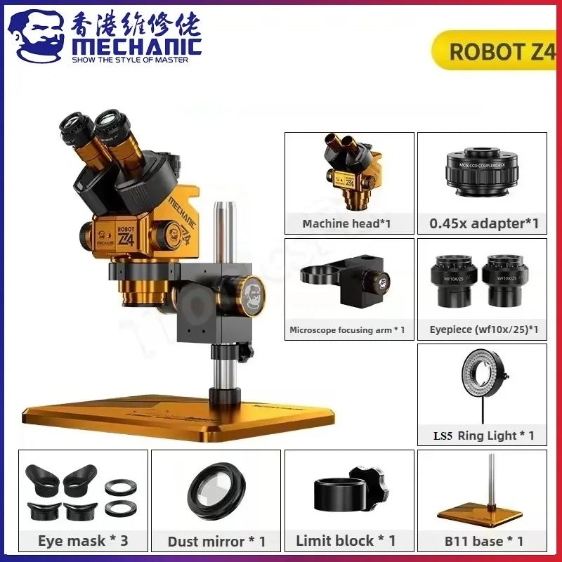 MECHANIC ROBOT Z4-B11 Trinocular Stereo Industrial Microscope 6.5-60X Continuous Zoom WF10X25 Eyepiece CCD 0.45X Camera Adapter
