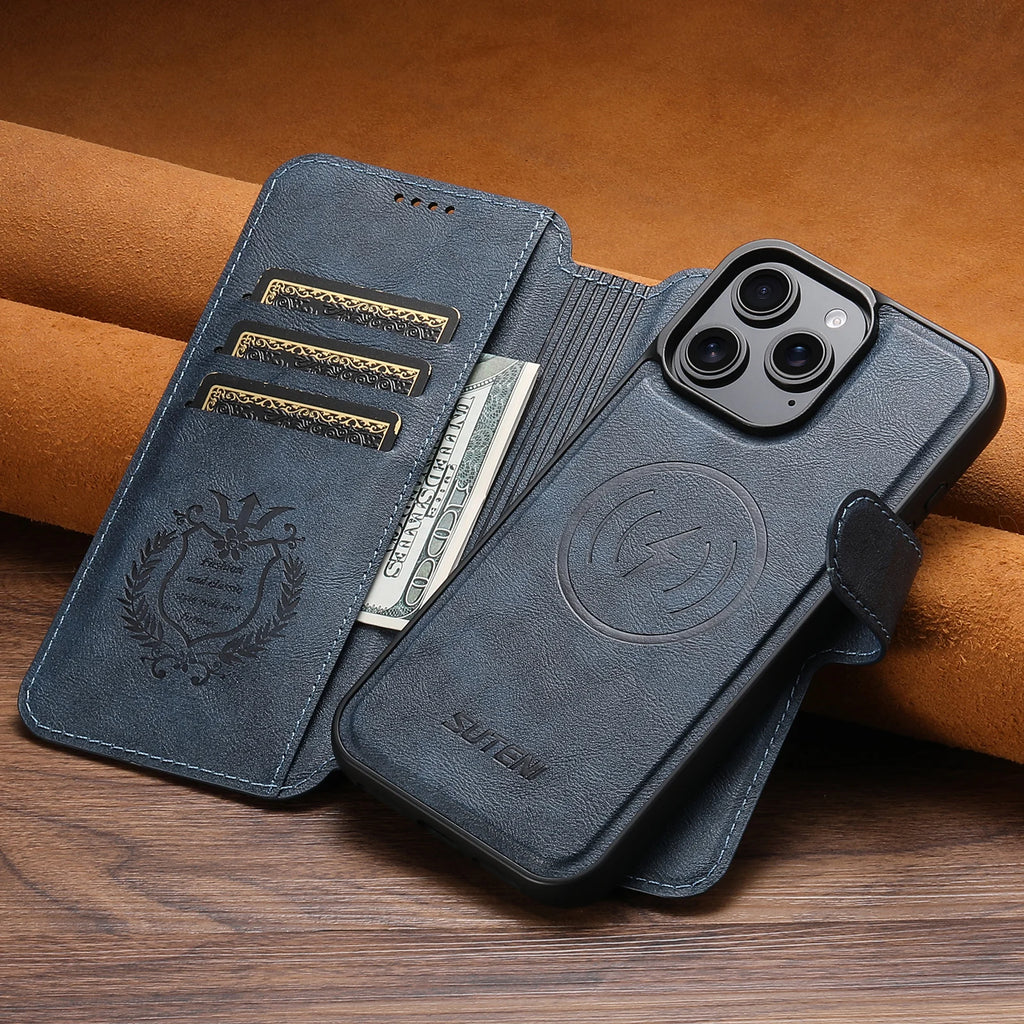 Capa Carteira em Pele PU com Carregamento Sem Fios para iPhone 17 16 15 14 13 12